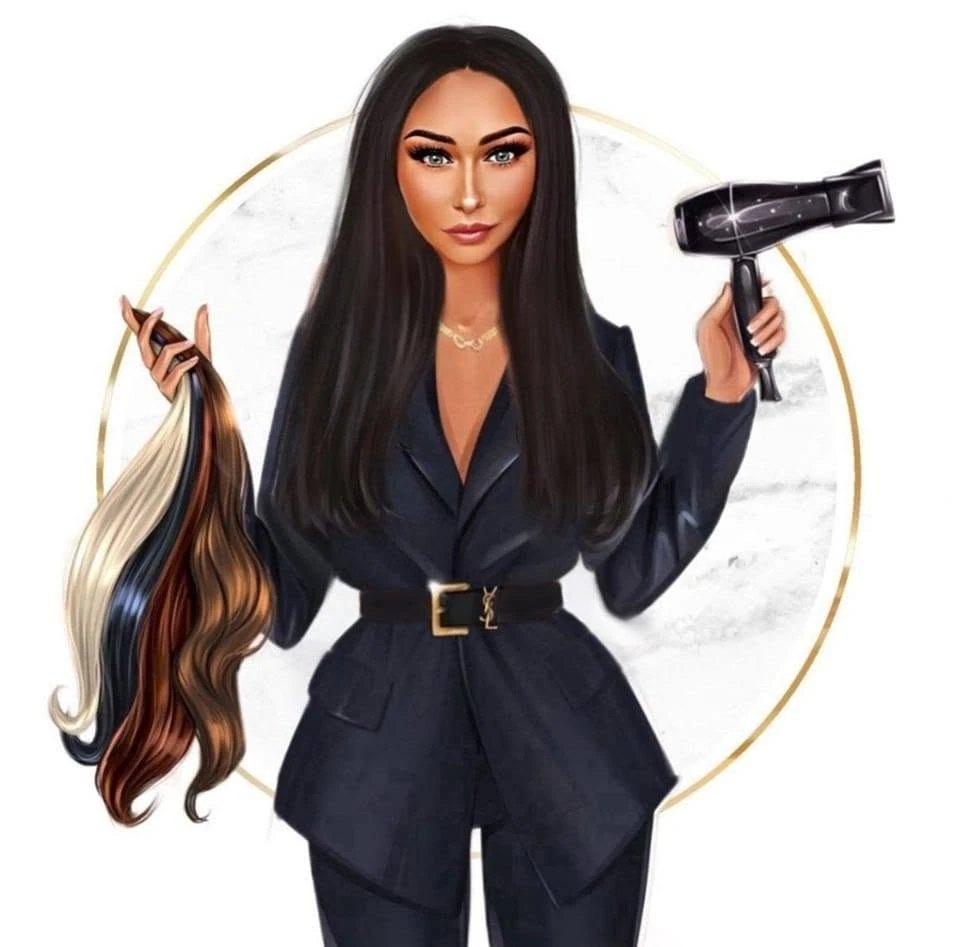 Ilustracja Beauty Room: stylistka z suszarką i pasmami włosów w różnych kolorach